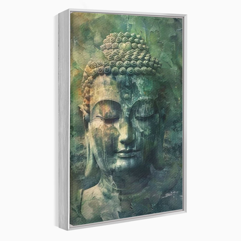 Tablou canvas cu tablou canvas cu chipul lui buddha, in rama de aluminiu argintiu
